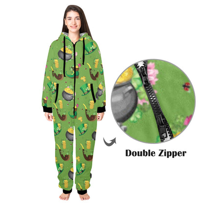 Shamrock Saint Patrick's Day Print Design LKS306 Hooded Fleece Onesie Pajama Jumpsuit
