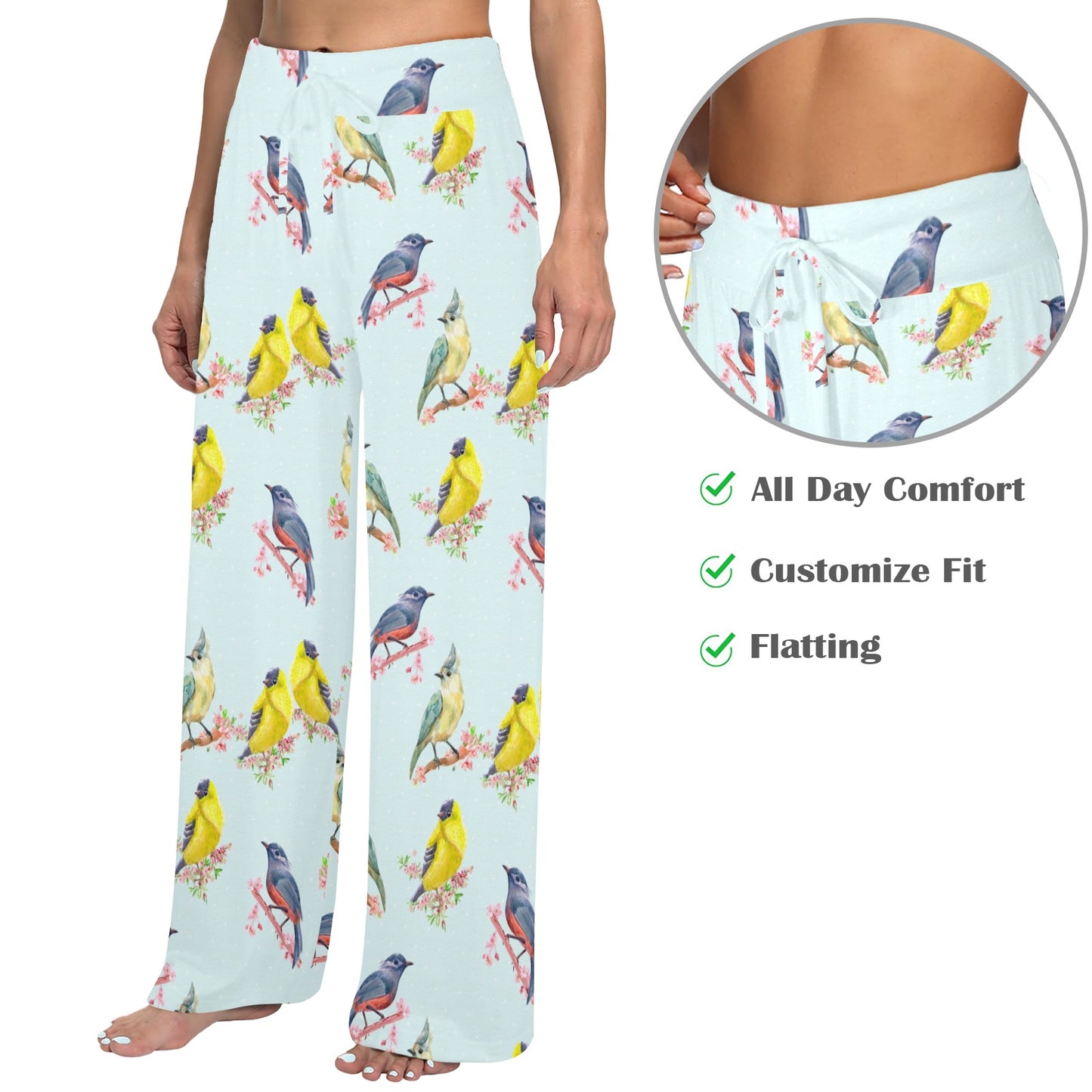 Bird Sweet Themed Print Pattern Women's Wide Leg Lounge Pants
