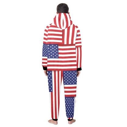Patriotic US Flag Pattern Print Design A01 Hooded Fleece Onesie Pajama Jumpsuit