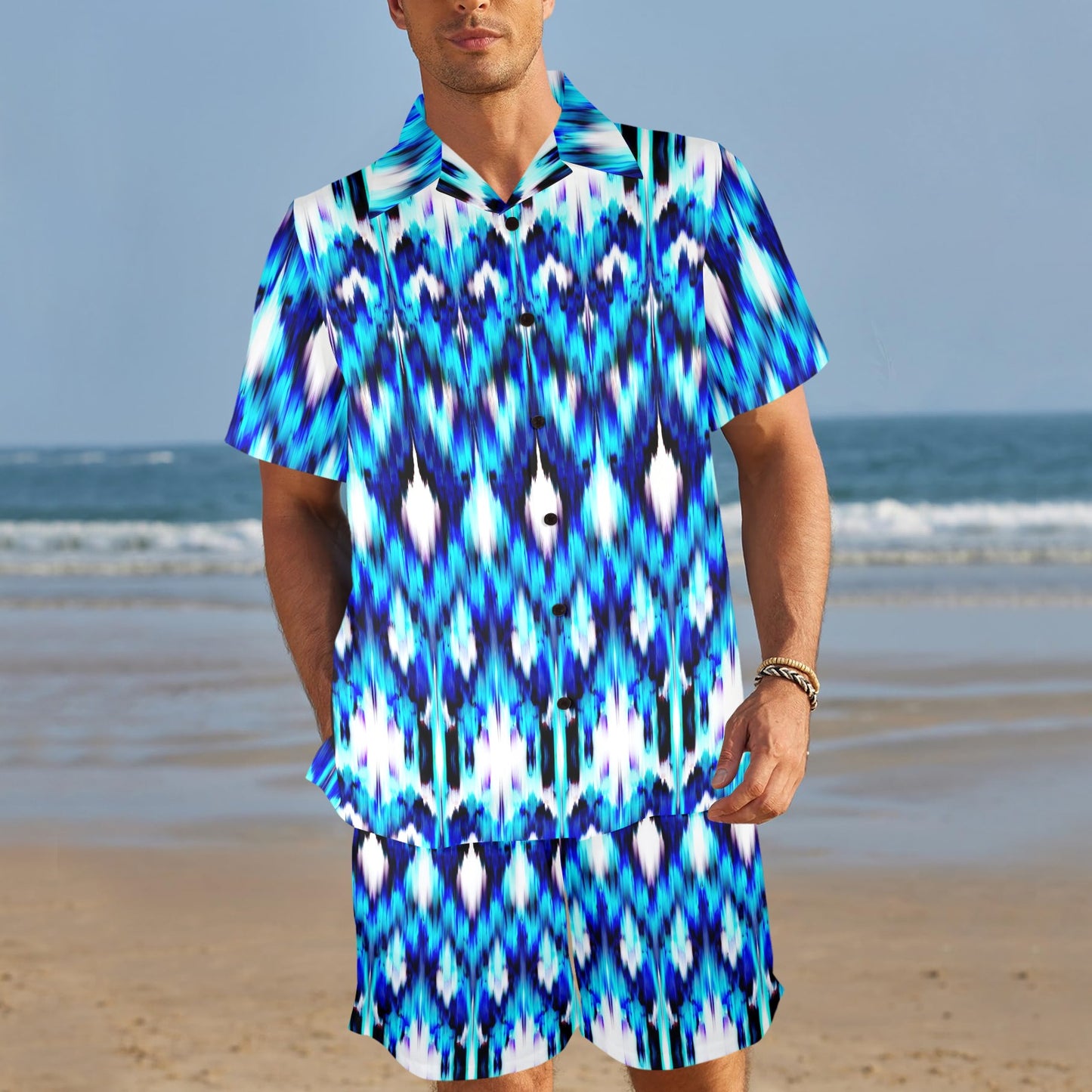 Ikat Blue Pattern Print Design 01 Men's Beach Shirt and Shorts Set