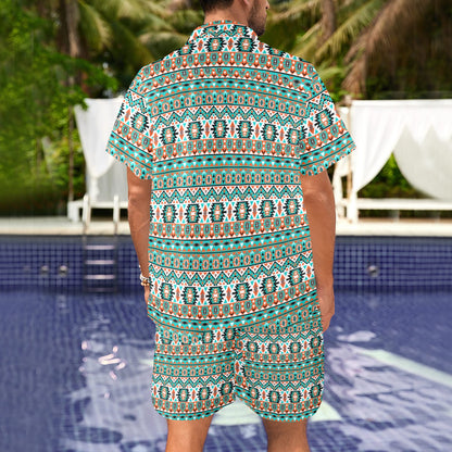 Indian Navajo Ethnic Themed Design Print Men's Beach Shirt and Shorts Set