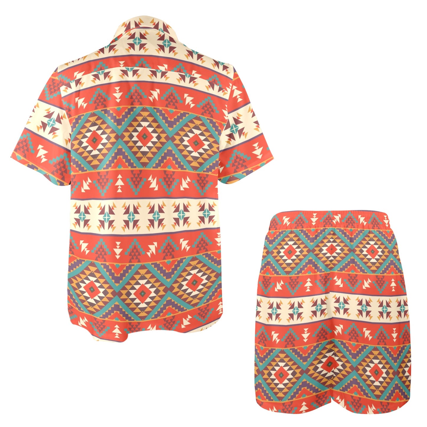 Aztec Red Print Pattern Men's Beach Shirt and Shorts Set