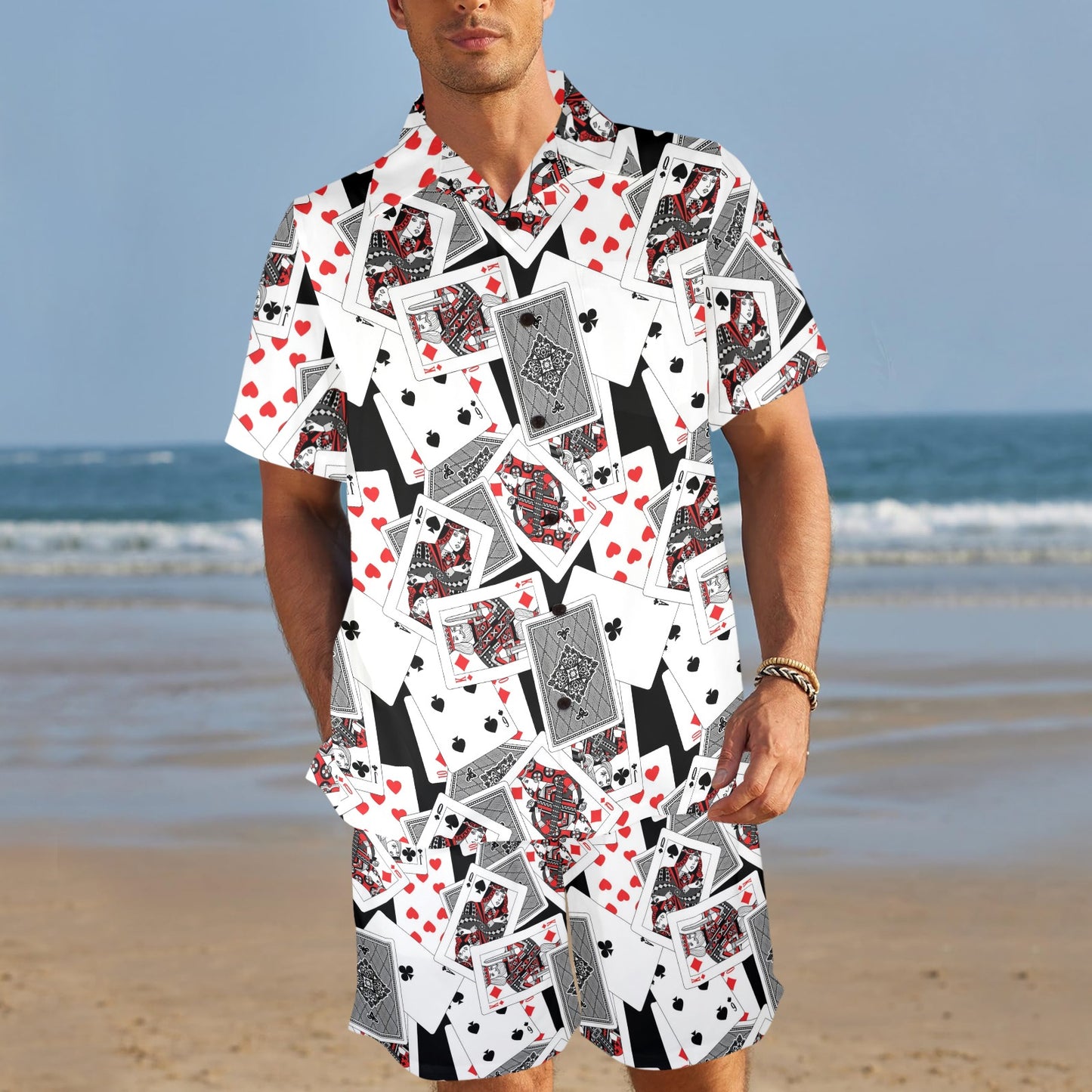 Poker Cards Pattern Print Design A04 Men's Beach Shirt and Shorts Set