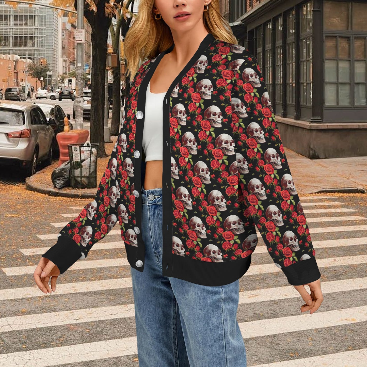 Red Rose Skull Design Print Women's Cardigan