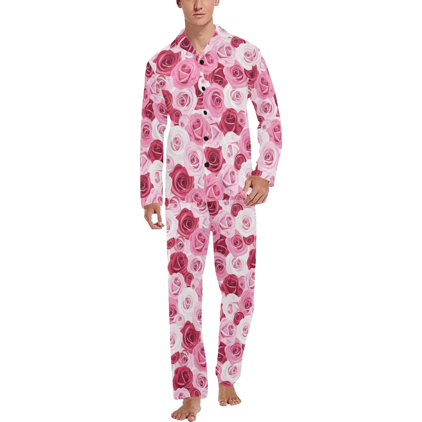 Pink Red Rose Pattern Print Men's Long Pajama Set