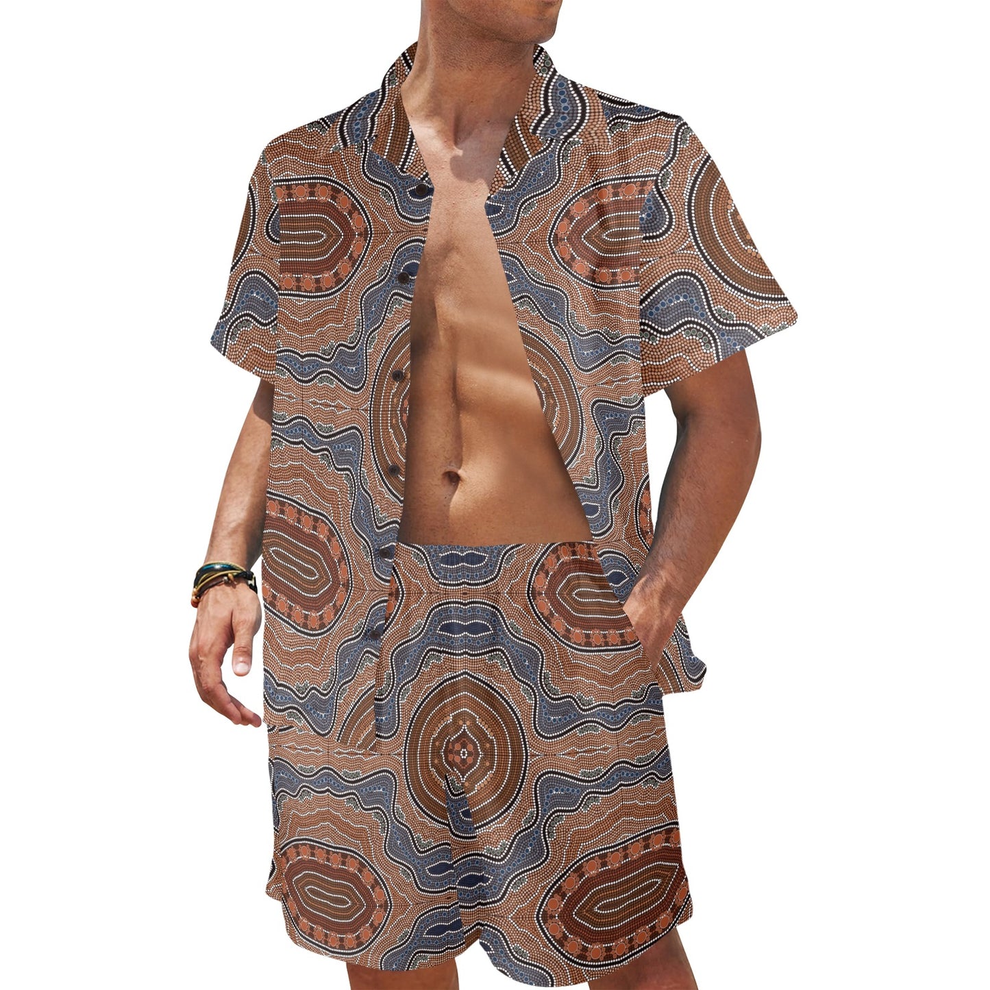 Aboriginal Pattern Print Design 01 Men's Beach Shirt and Shorts Set