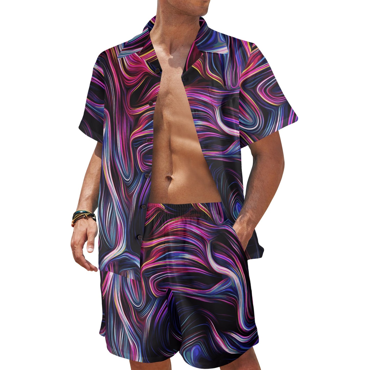 Liquid Pattern Print Design 01 Men's Beach Shirt and Shorts Set
