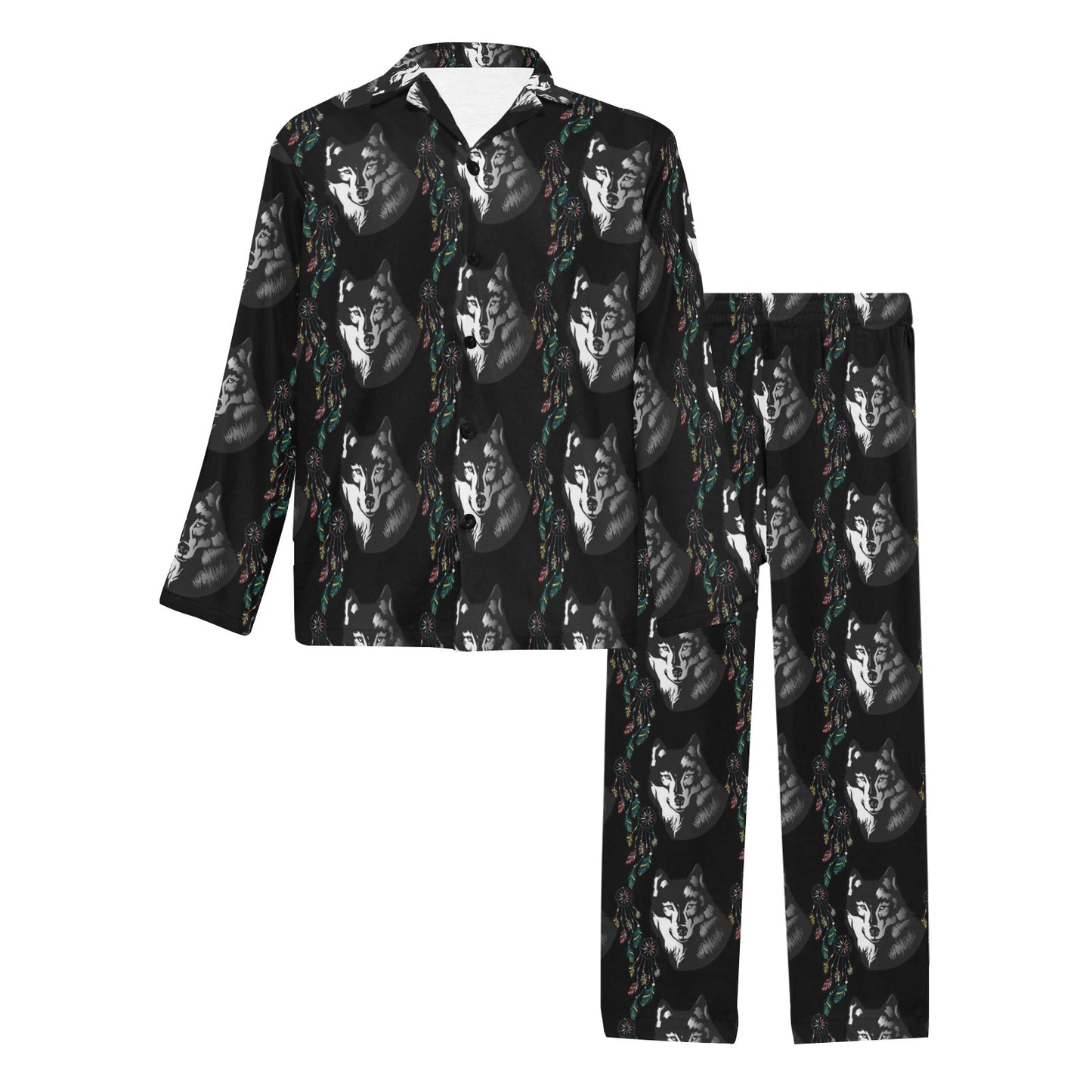 Wolf Black Dream Catcher Design Print Men's Long Pajama Set