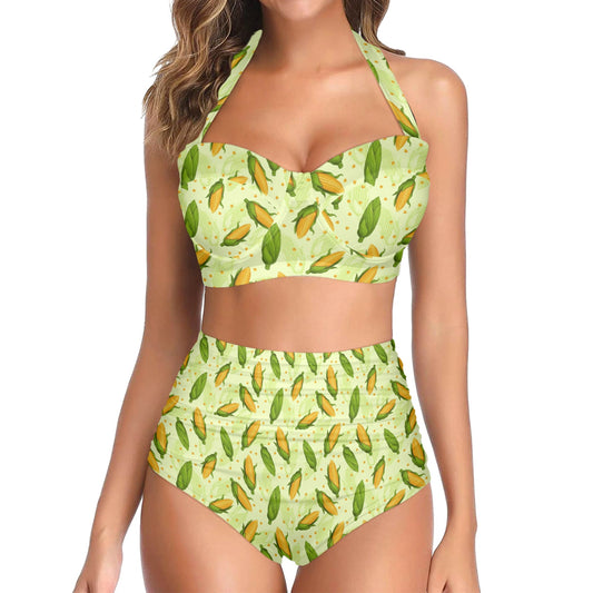 Agricultural Fresh Corn cob Print Pattern Halter Neck Bikini Swimsuit