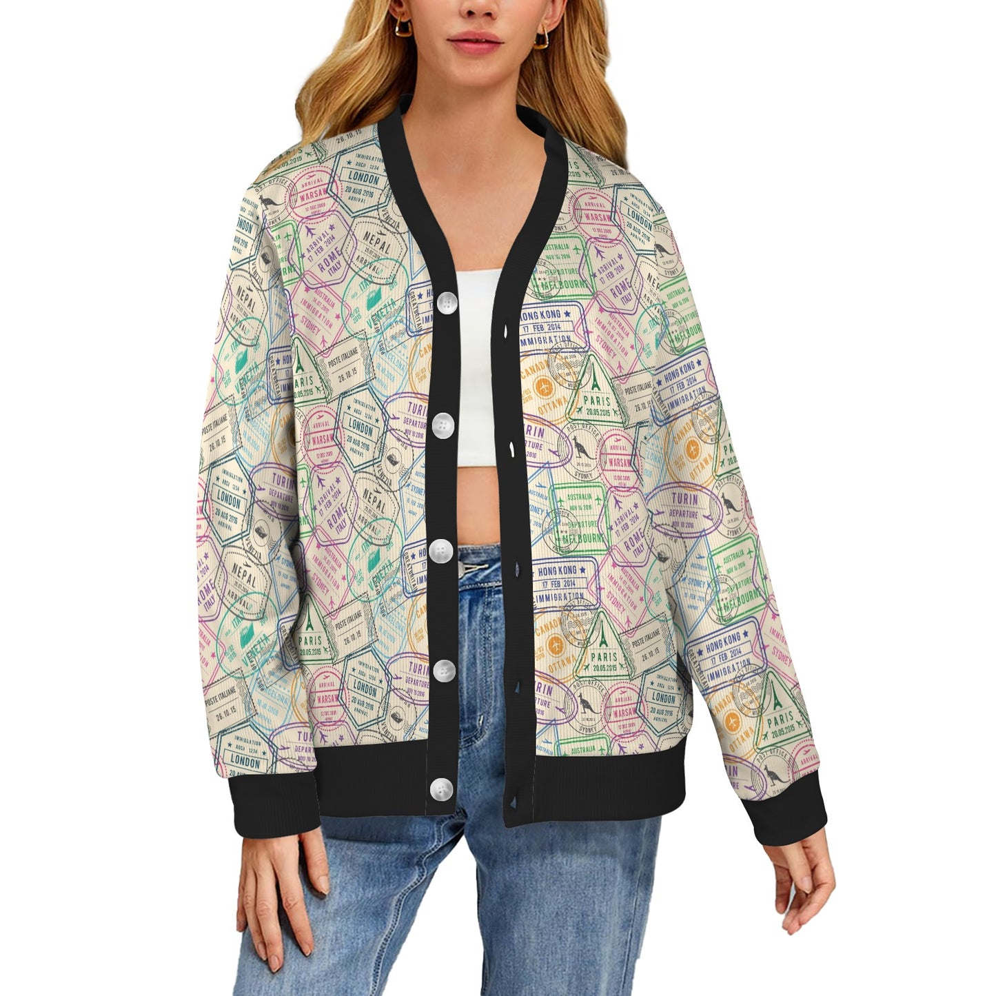Travel Stamp Print Design LKS303 Women's Cardigan