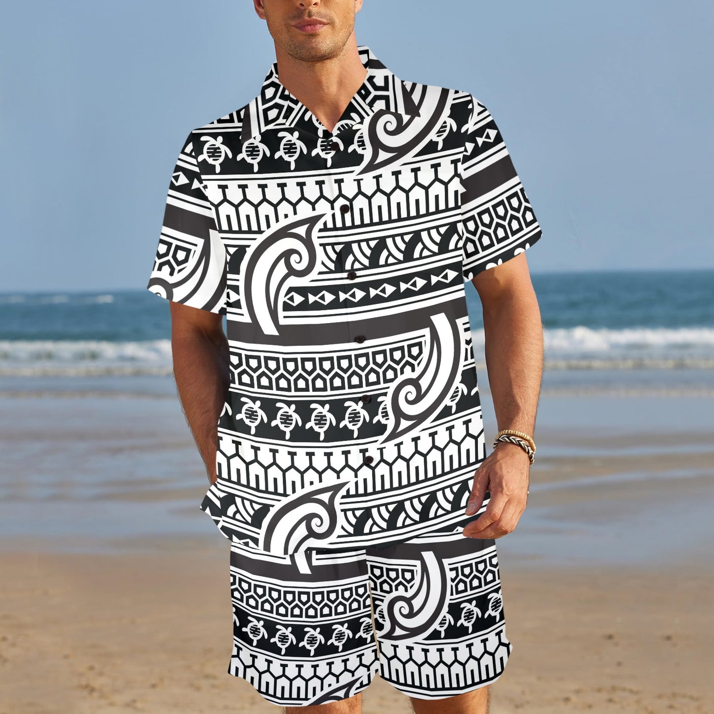 Samoan Style Print Design LKS305 Men's Beach Shirt and Shorts Set