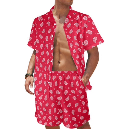 Bandana Red Paisley Print Design LKS305 Men's Beach Shirt and Shorts Set