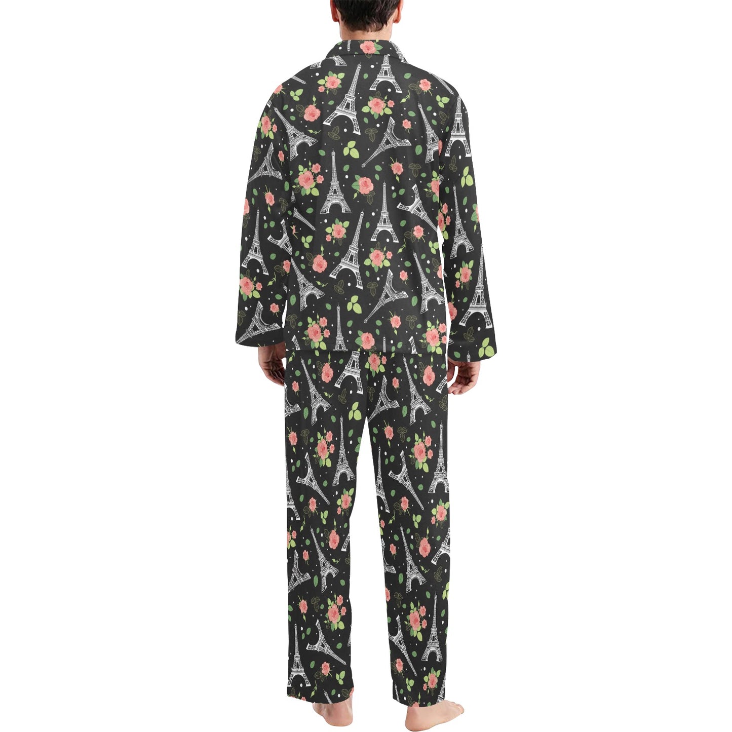 Eiffel Tower Rose Print Men's Long Pajama Set