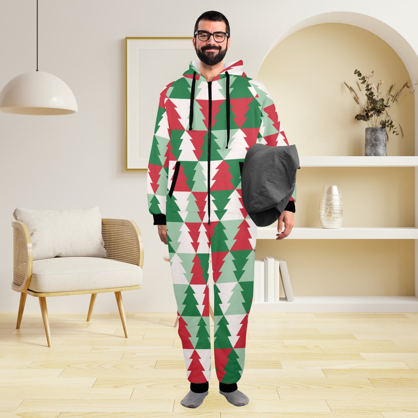 Christmas Tree Pattern Print Design 01 Hooded Fleece Onesie Pajama Jumpsuit