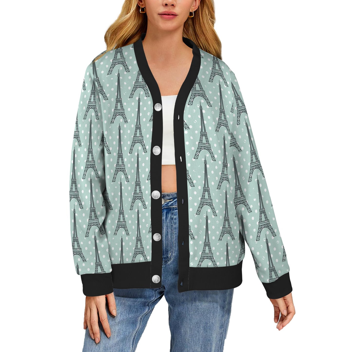 Eiffel Tower Polka Dot Print Women's Cardigan