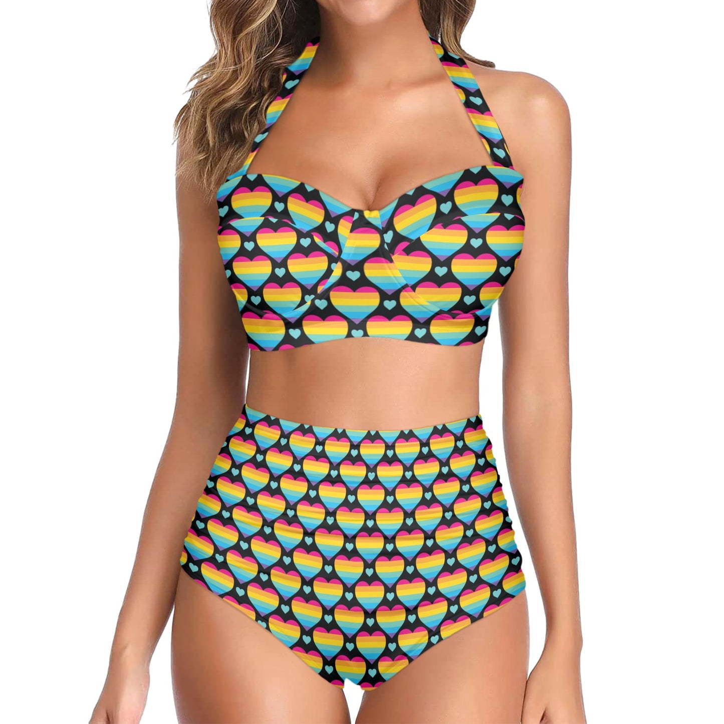Rainbow Heart Print Pattern Halter Neck Bikini Swimsuit