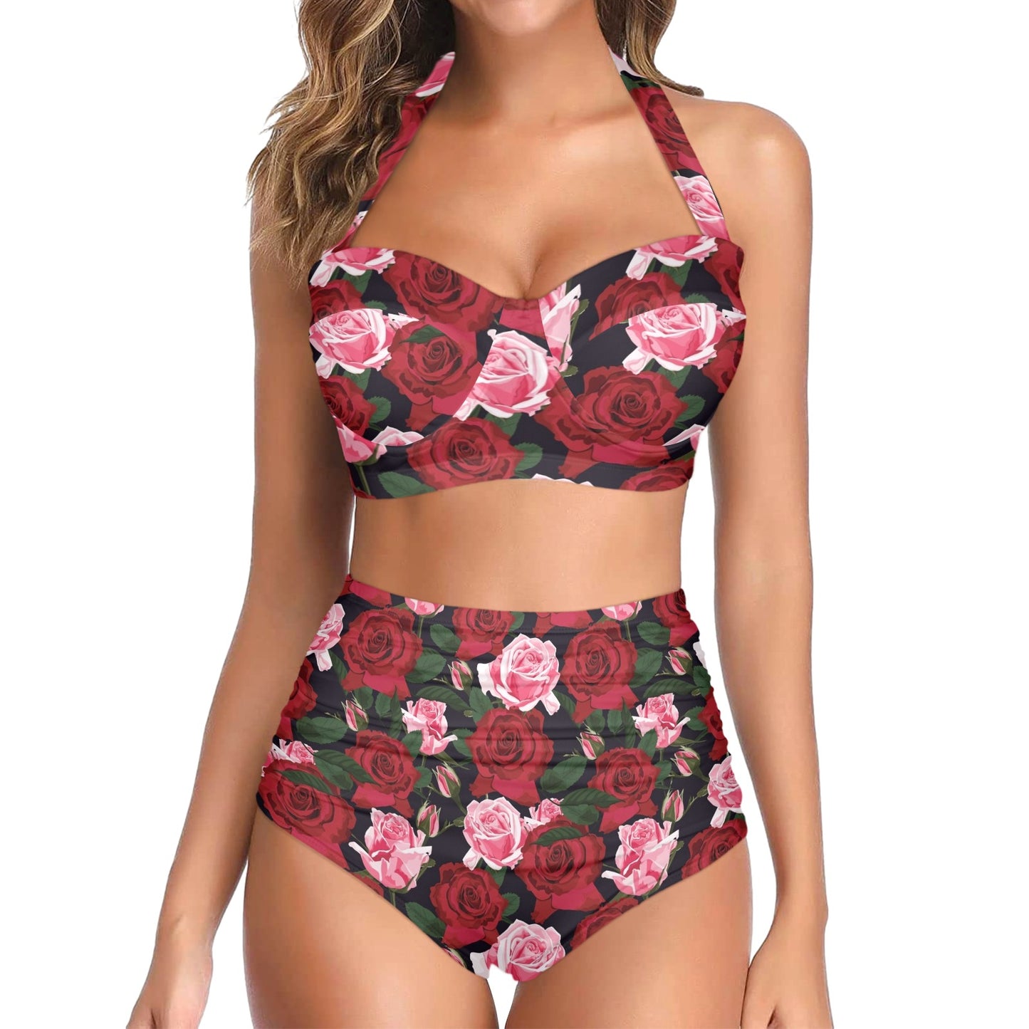 Rose Red Pink Pattern Print Design RO01 Halter Neck Bikini Swimsuit