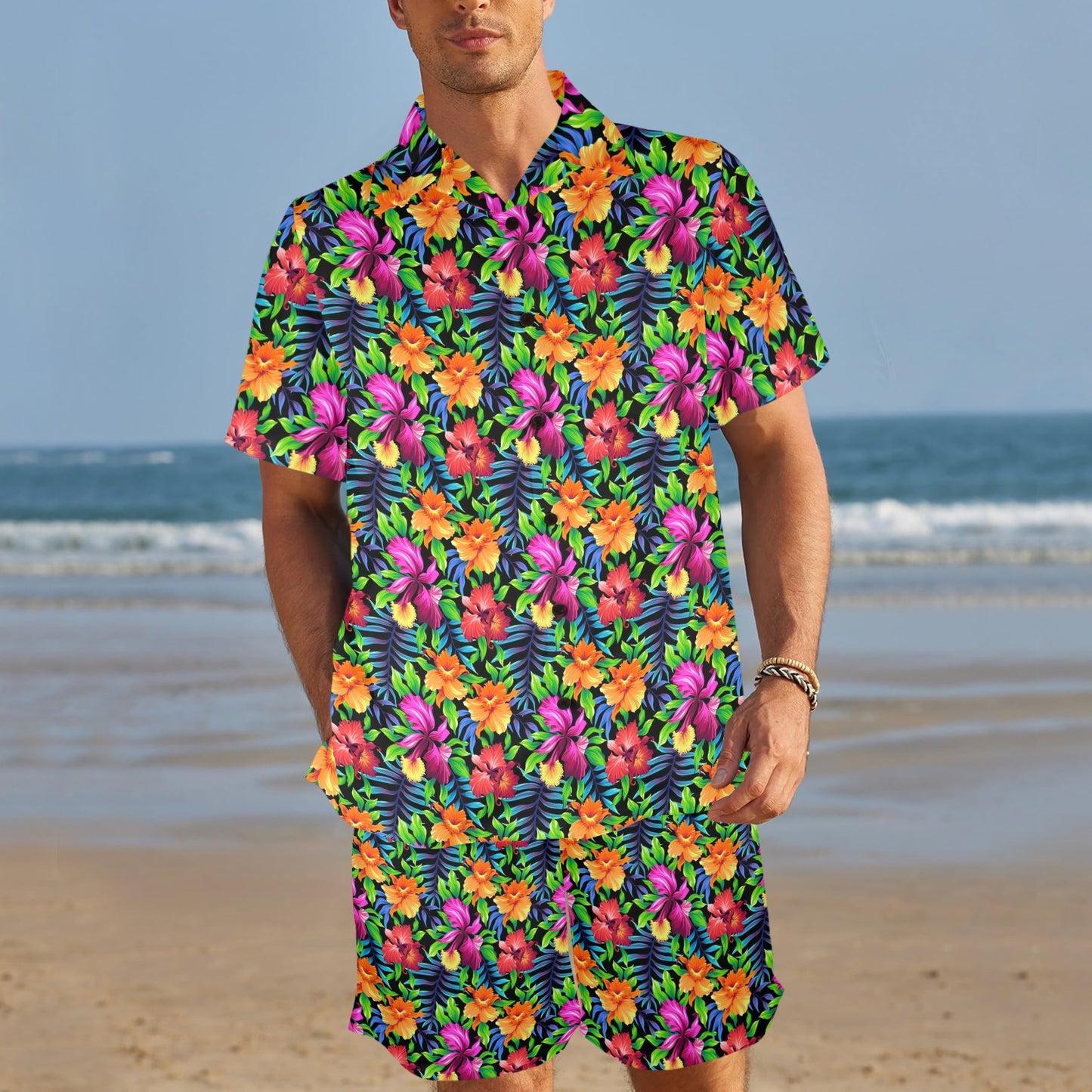 Tropical Folower Colorful Print Men's Beach Shirt and Shorts Set