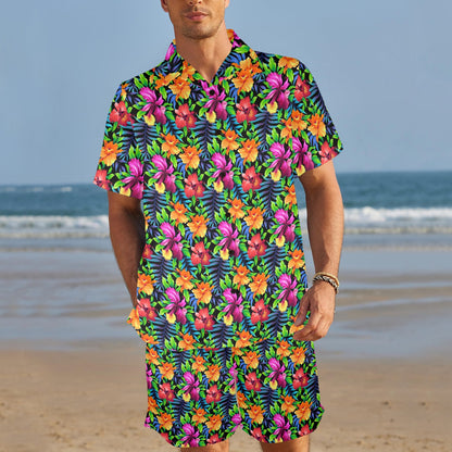 Tropical Folower Colorful Print Men's Beach Shirt and Shorts Set