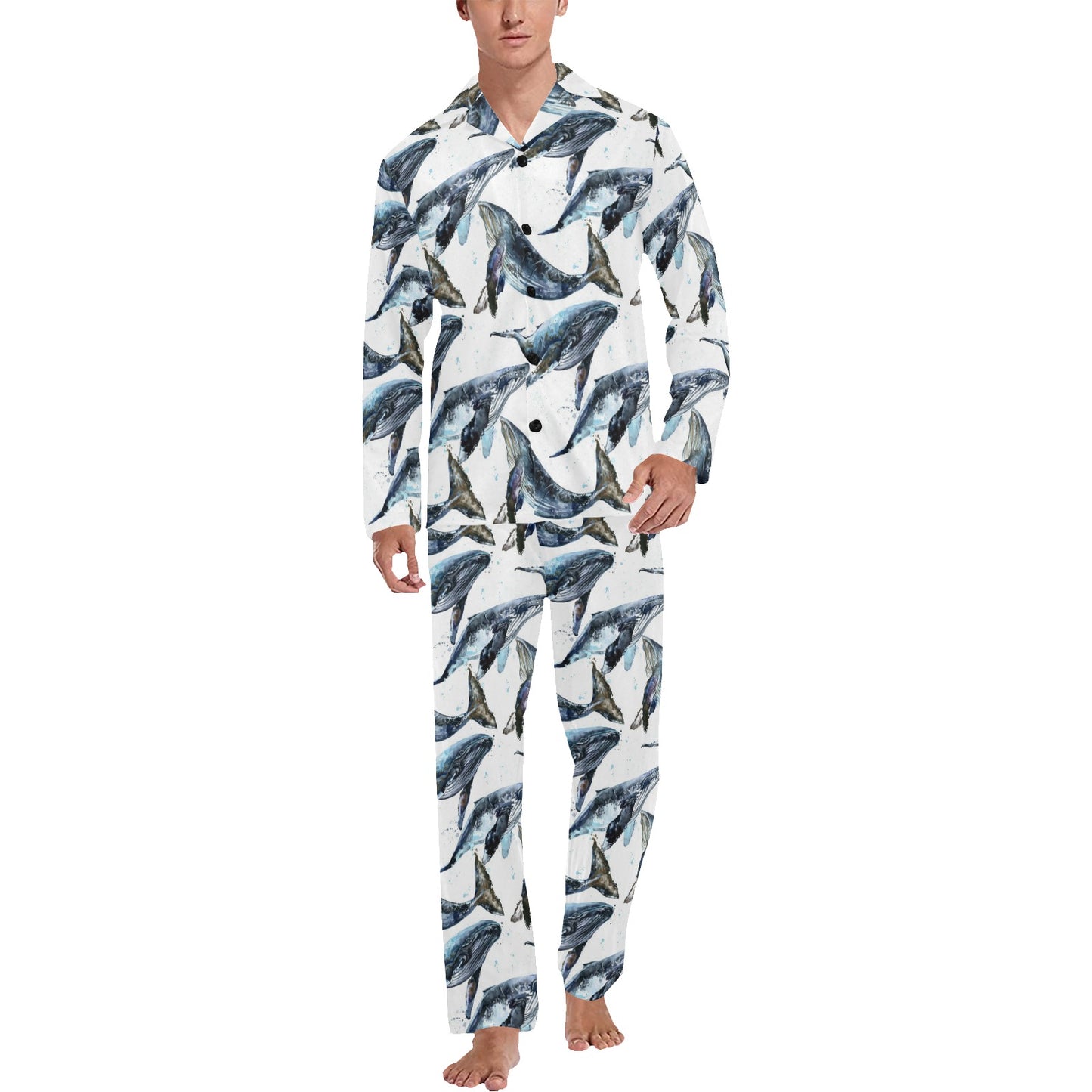 Blue Whale Pattern Print Design 03 Men's Long Pajama Set