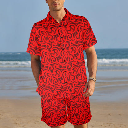Maori Red Themed Design Print Men's Beach Shirt and Shorts Set