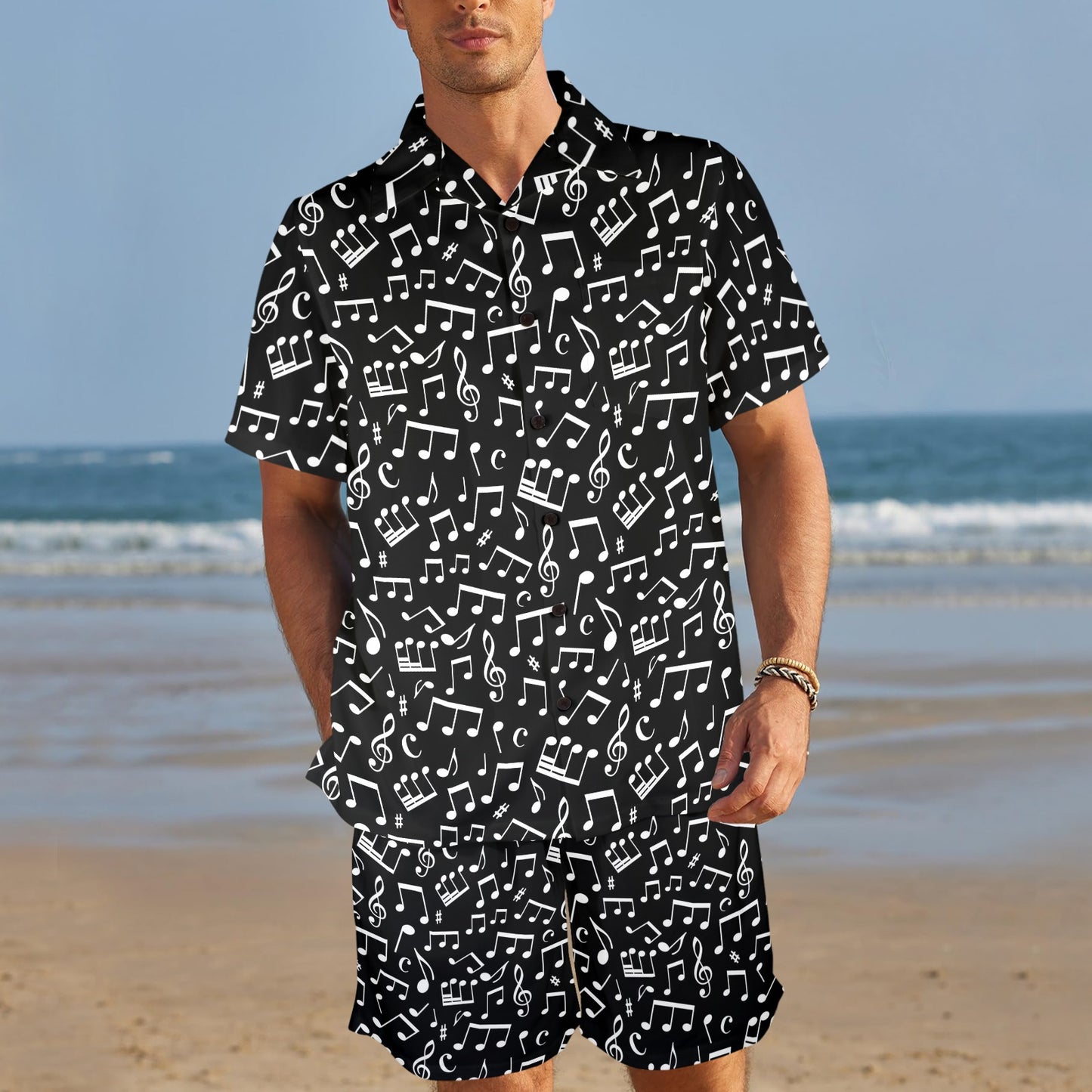 Music Note Black white Themed Print Men's Beach Shirt and Shorts Set