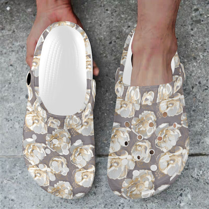 Elegant Grey Flower Print Unisex Clogs Shoes