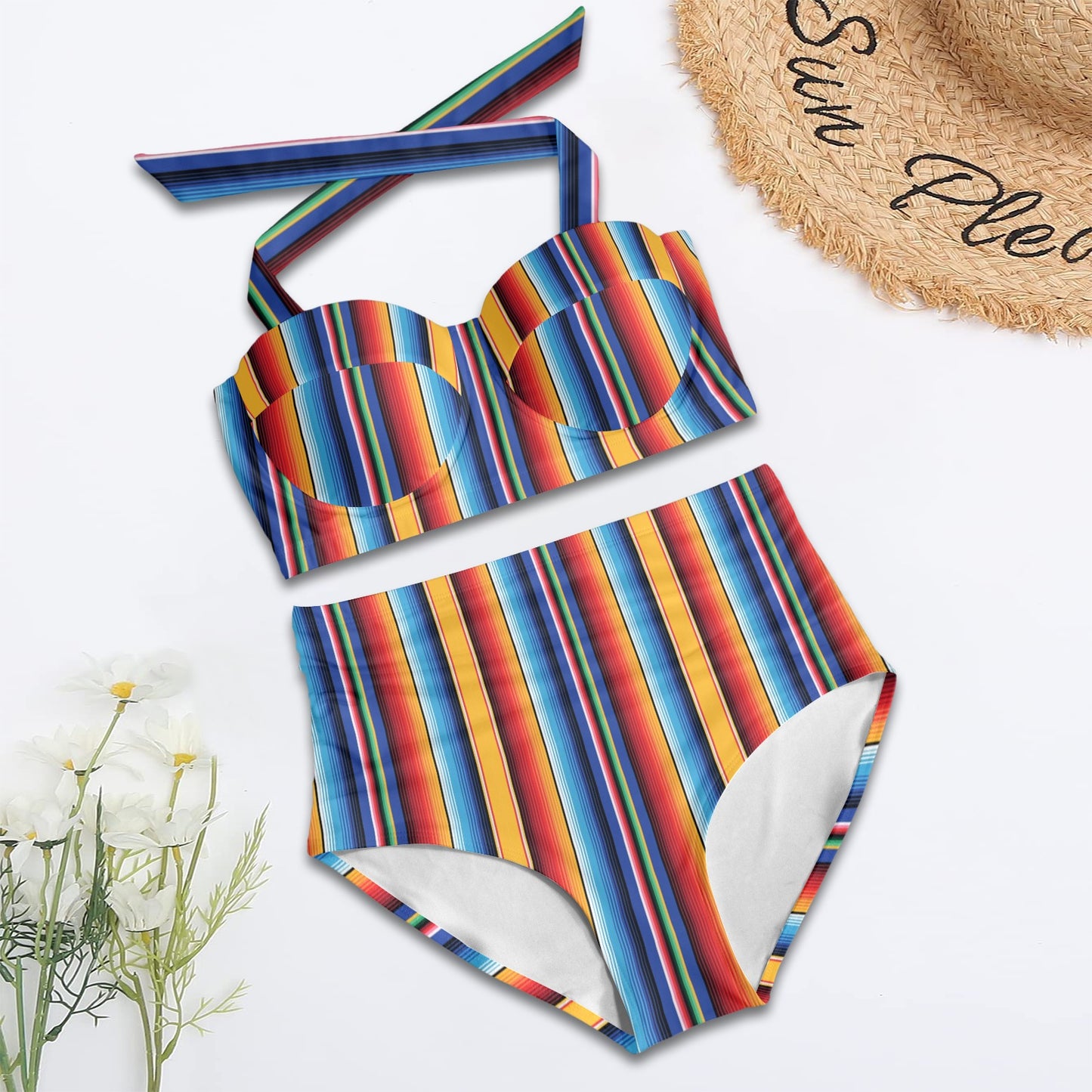 Mexican Blanket Stripe Print Pattern Halter Neck Bikini Swimsuit