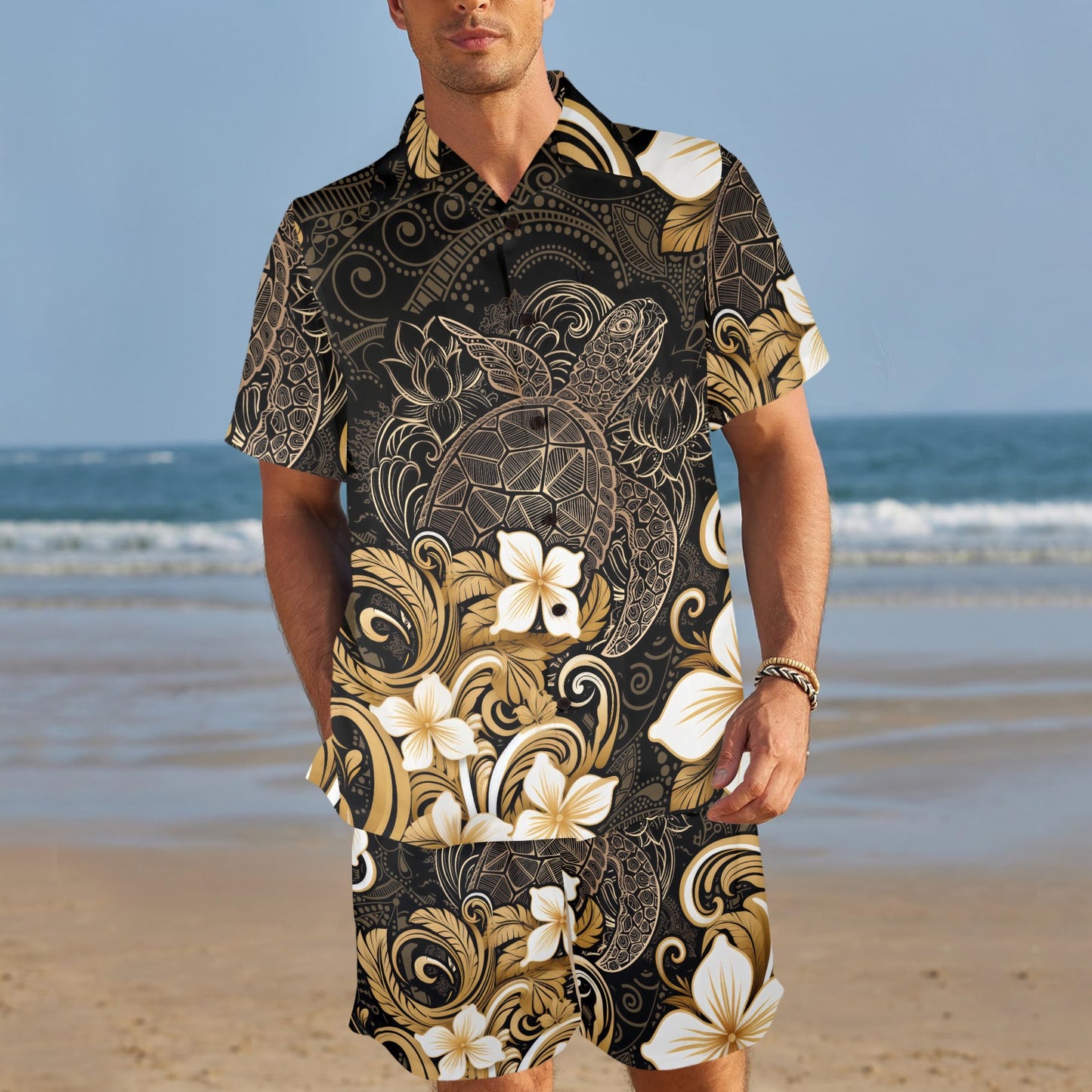 Polynesian Plumeria Sea Turtle Men's Beach Shirt and Shorts Set