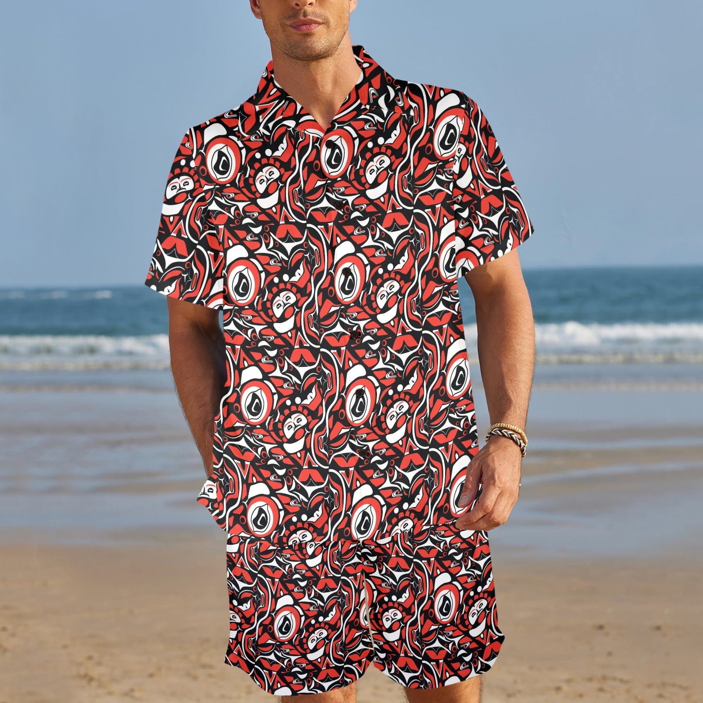 Native North American Themed Print Men's Beach Shirt and Shorts Set
