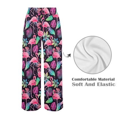 Flamingo Tropical leaves Neon Print Women's Wide Leg Lounge Pants