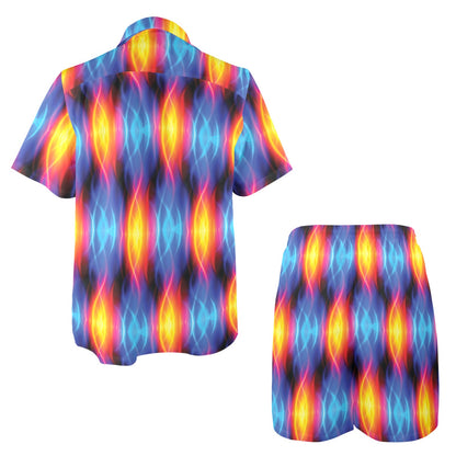 Flame Fire Blue Design Print Men's Beach Shirt and Shorts Set