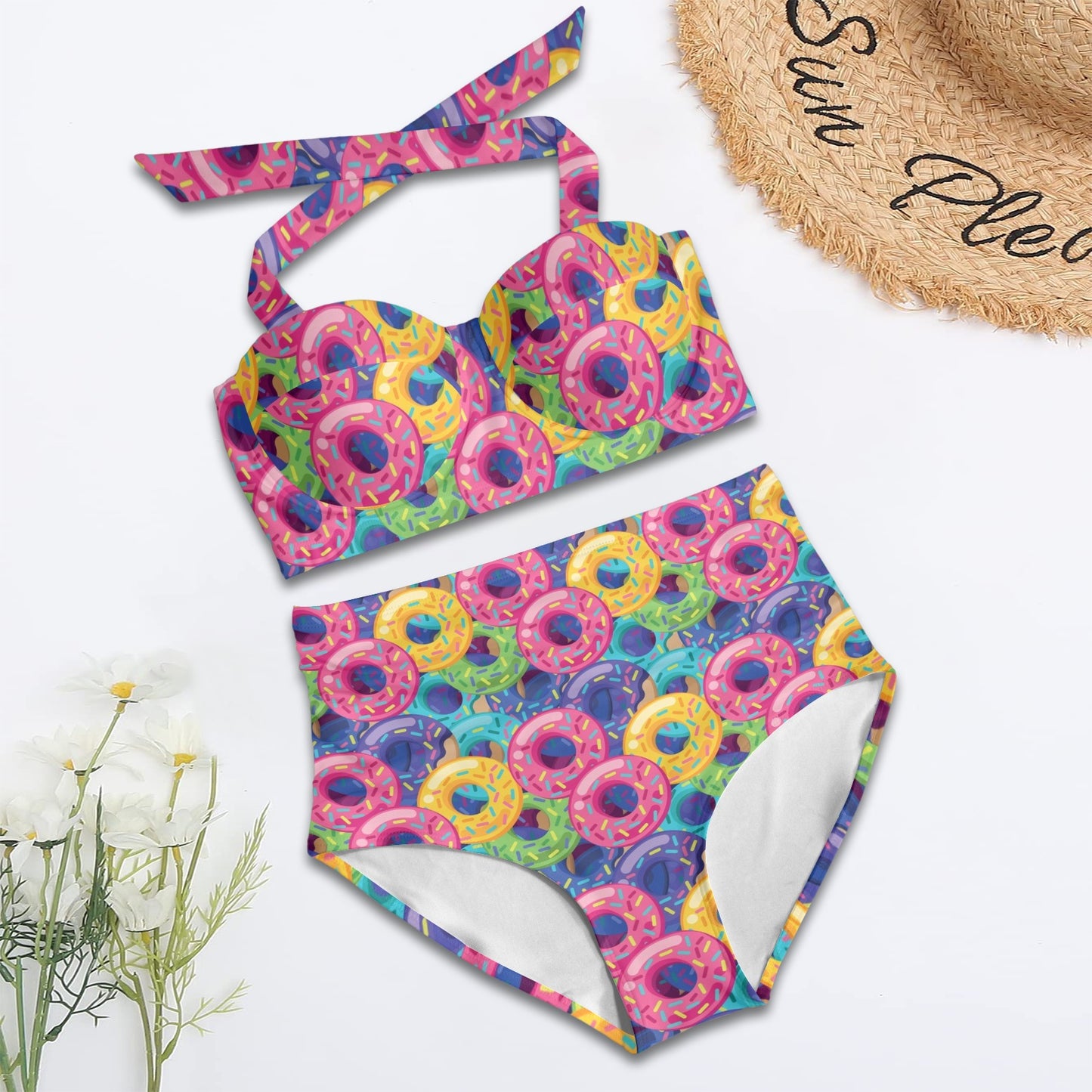 Donut Pattern Print Design DN010 Halter Neck Bikini Swimsuit