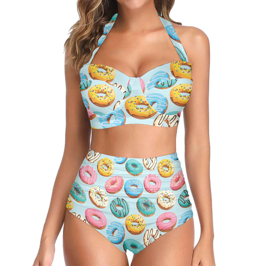 donut Design Print Pattern JJ0133 Halter Neck Bikini Swimsuit