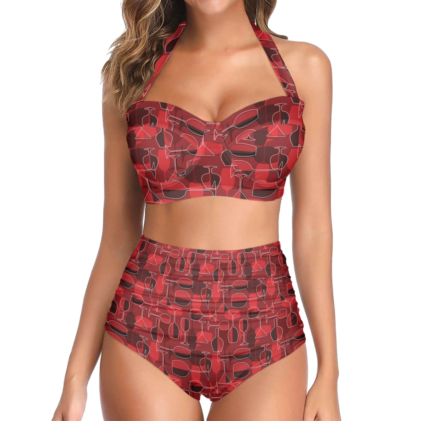 Wine Glass Print Design LKS301 Halter Neck Bikini Swimsuit