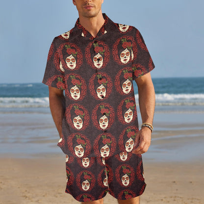 Day of the Dead Mexican Girl Men's Beach Shirt and Shorts Set