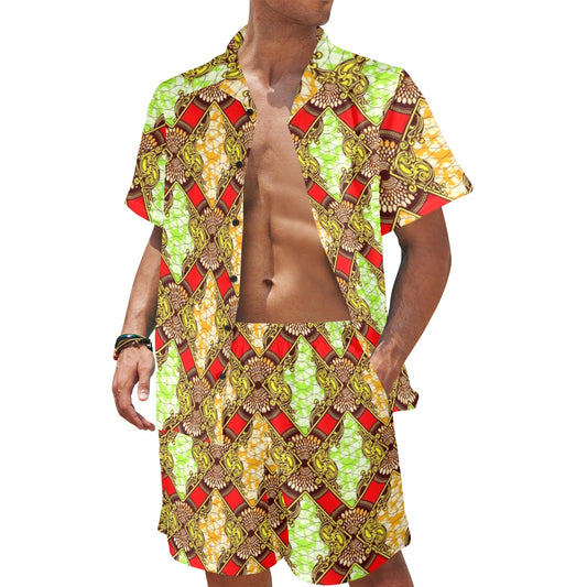 African Classic Print Pattern Men's Beach Shirt and Shorts Set