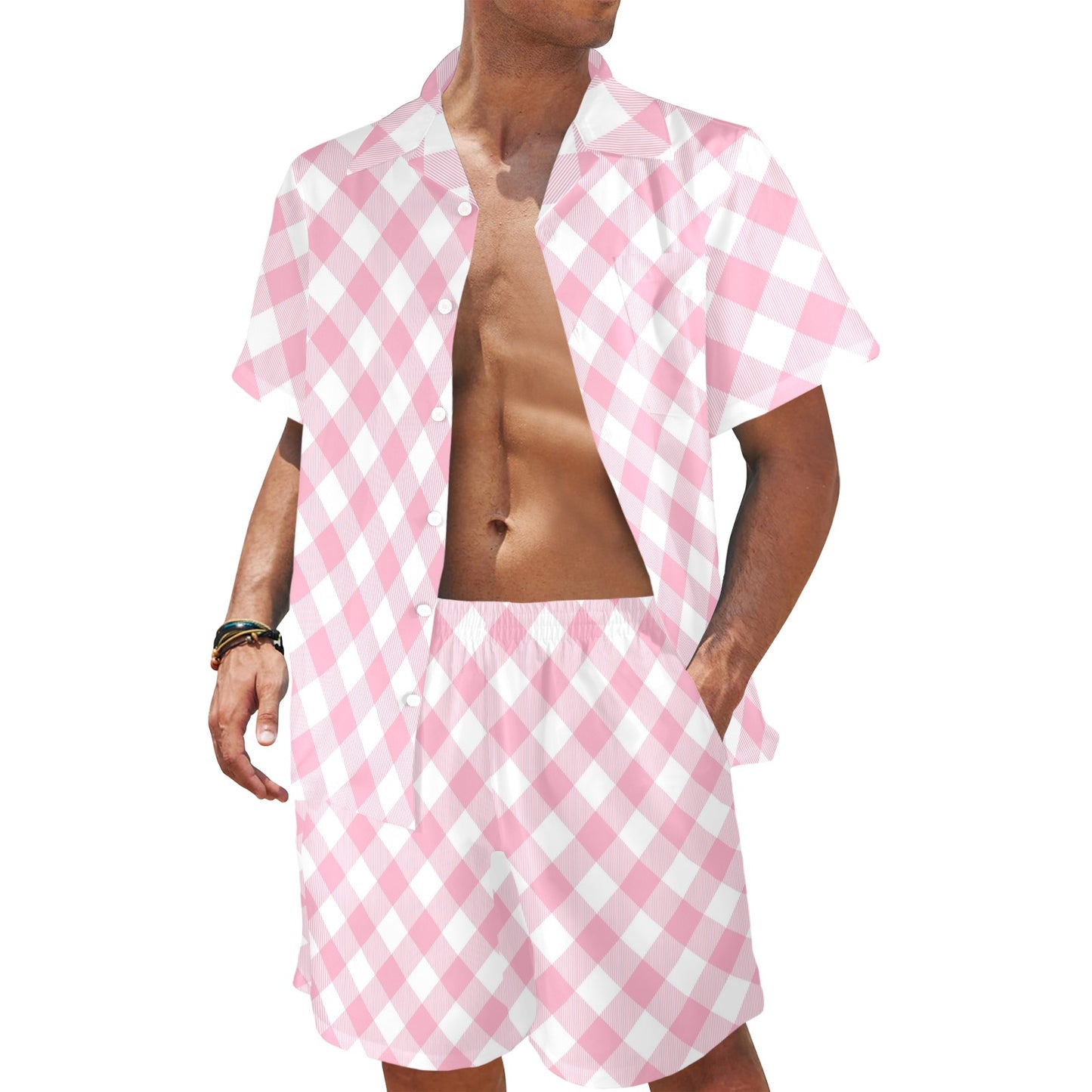 Gingham Pink Pattern Print Design 02 Men's Beach Shirt and Shorts Set