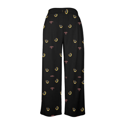 Black Cat Face Print Pattern Women's Wide Leg Lounge Pants
