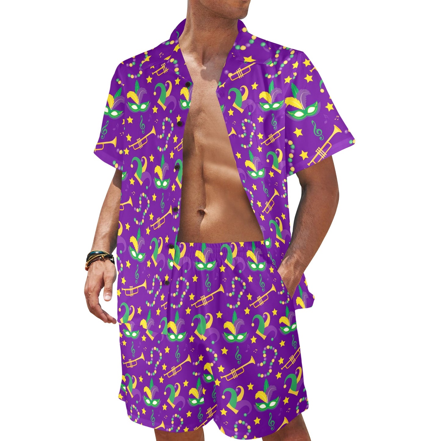 Mardi Gras Pattern Print Design 06 Men's Beach Shirt and Shorts Set