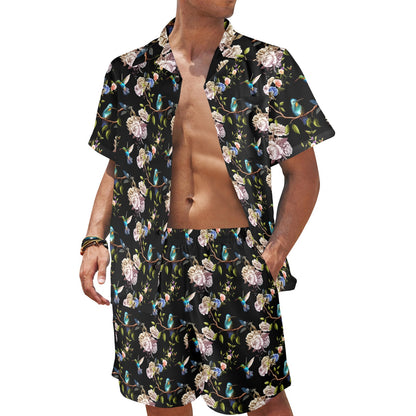 Hummingbird Flower Themed Print Men's Beach Shirt and Shorts Set