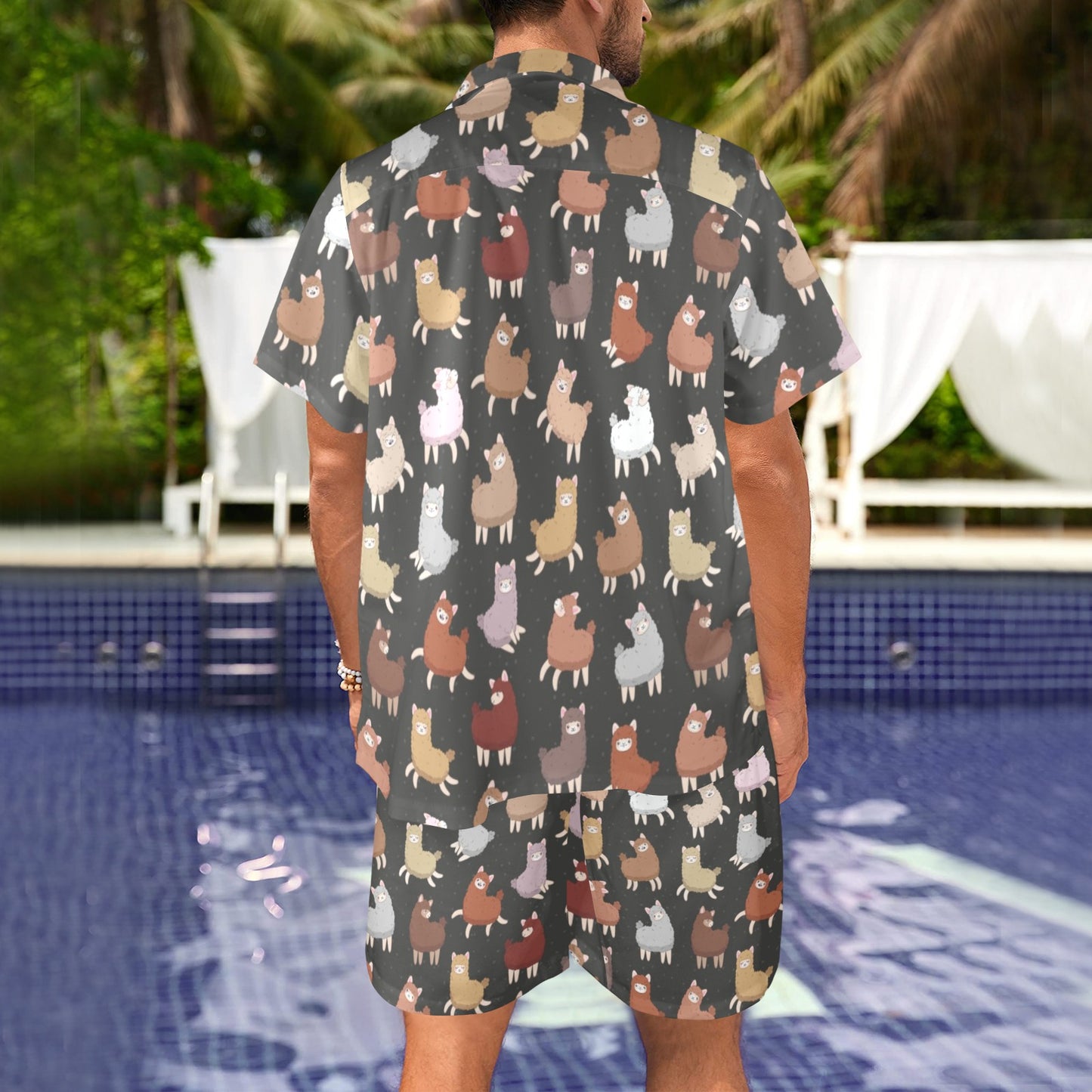 Alpaca Cute Design Themed Print Men's Beach Shirt and Shorts Set
