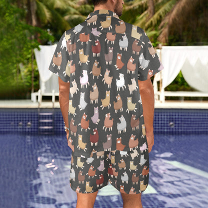 Alpaca Cute Design Themed Print Men's Beach Shirt and Shorts Set