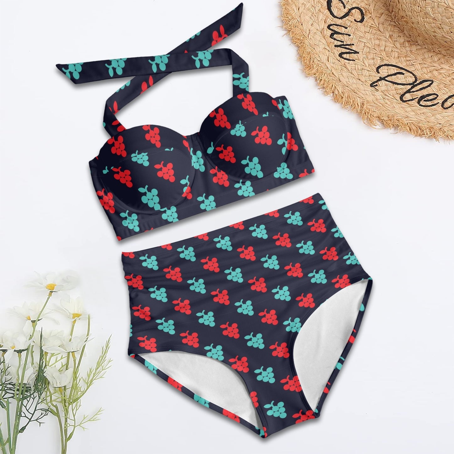 Grape Pattern Print Design GP07 Halter Neck Bikini Swimsuit