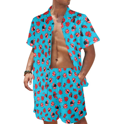 Ladybug Action Print Pattern Men's Beach Shirt and Shorts Set
