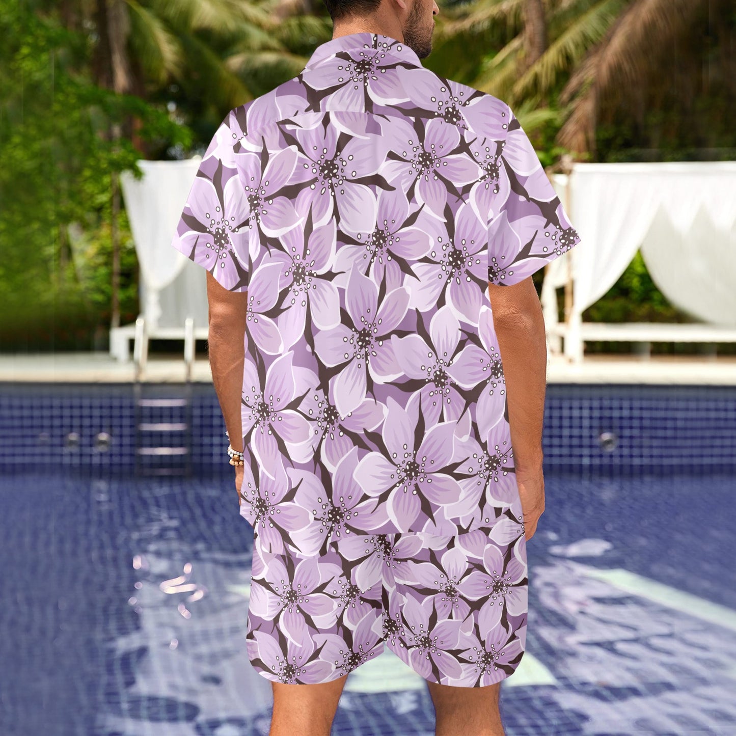 Lilac Pattern Print Design 01 Men's Beach Shirt and Shorts Set