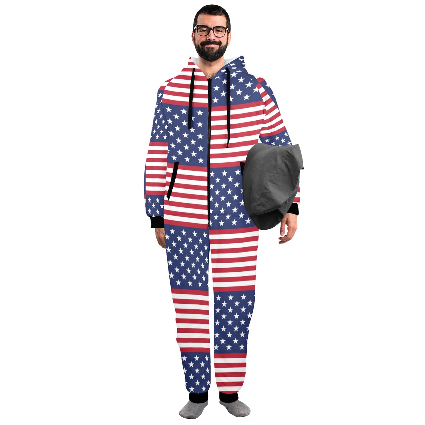 Patriotic US Flag Pattern Print Design A03 Hooded Fleece Onesie Pajama Jumpsuit