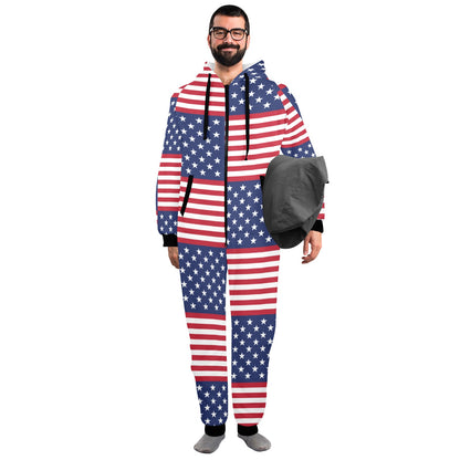 Patriotic US Flag Pattern Print Design A03 Hooded Fleece Onesie Pajama Jumpsuit