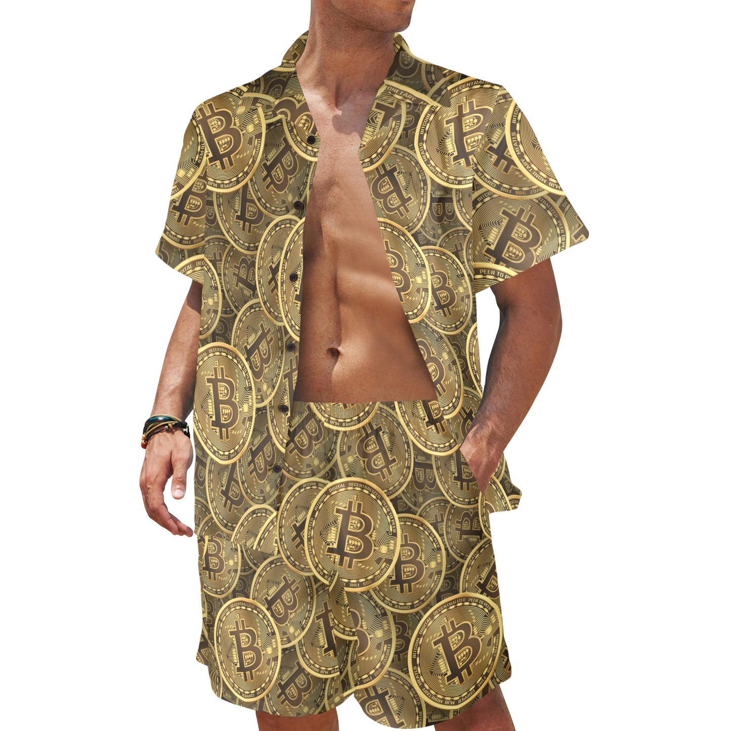 Bitcoin Pattern Print Design DO01 Men's Beach Shirt and Shorts Set