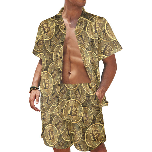 Bitcoin Pattern Print Design DO01 Men's Beach Shirt and Shorts Set